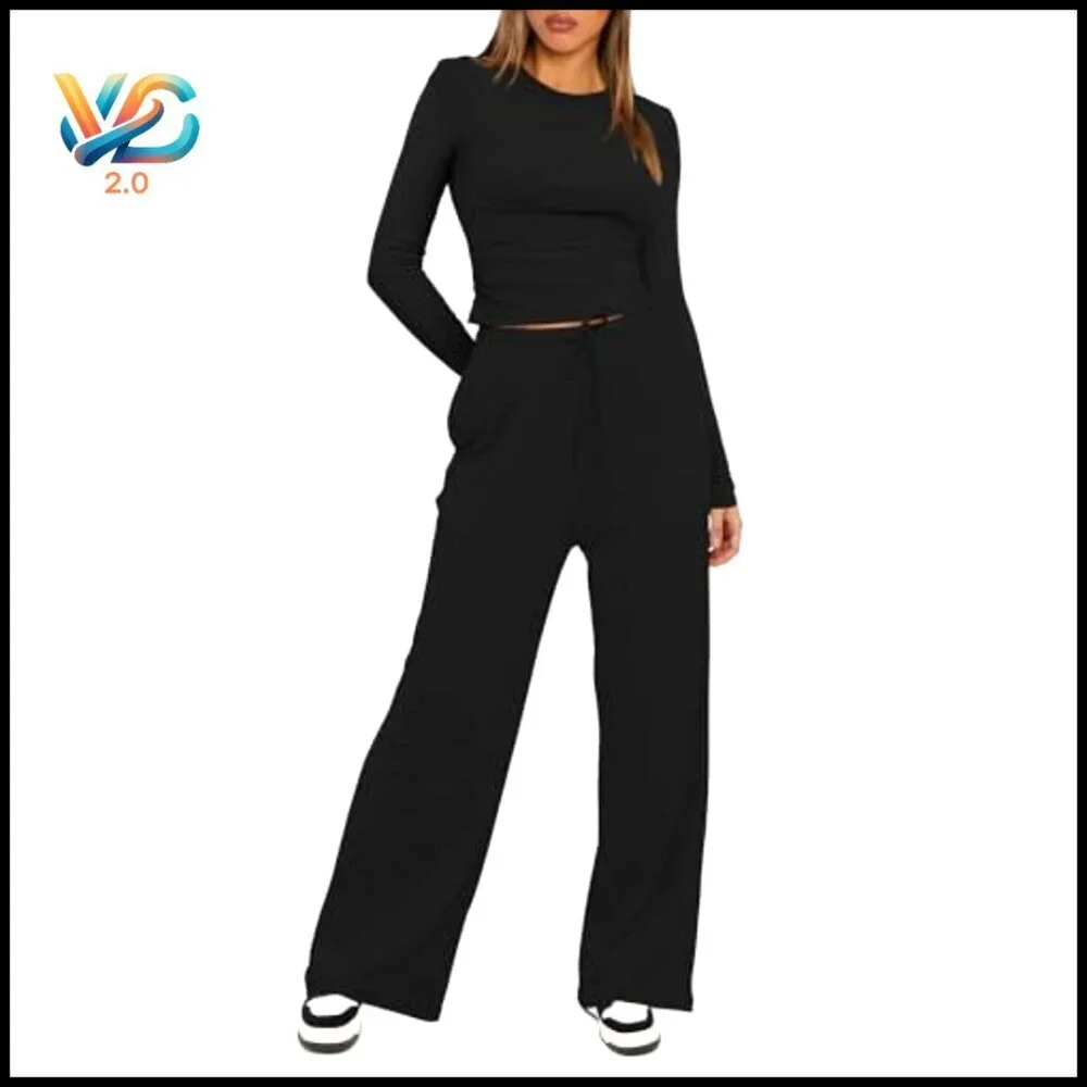 Long Sleeve Wide Leg Lounge Set Two Piece Tracksuit Casual Comfort Travel Outfit
